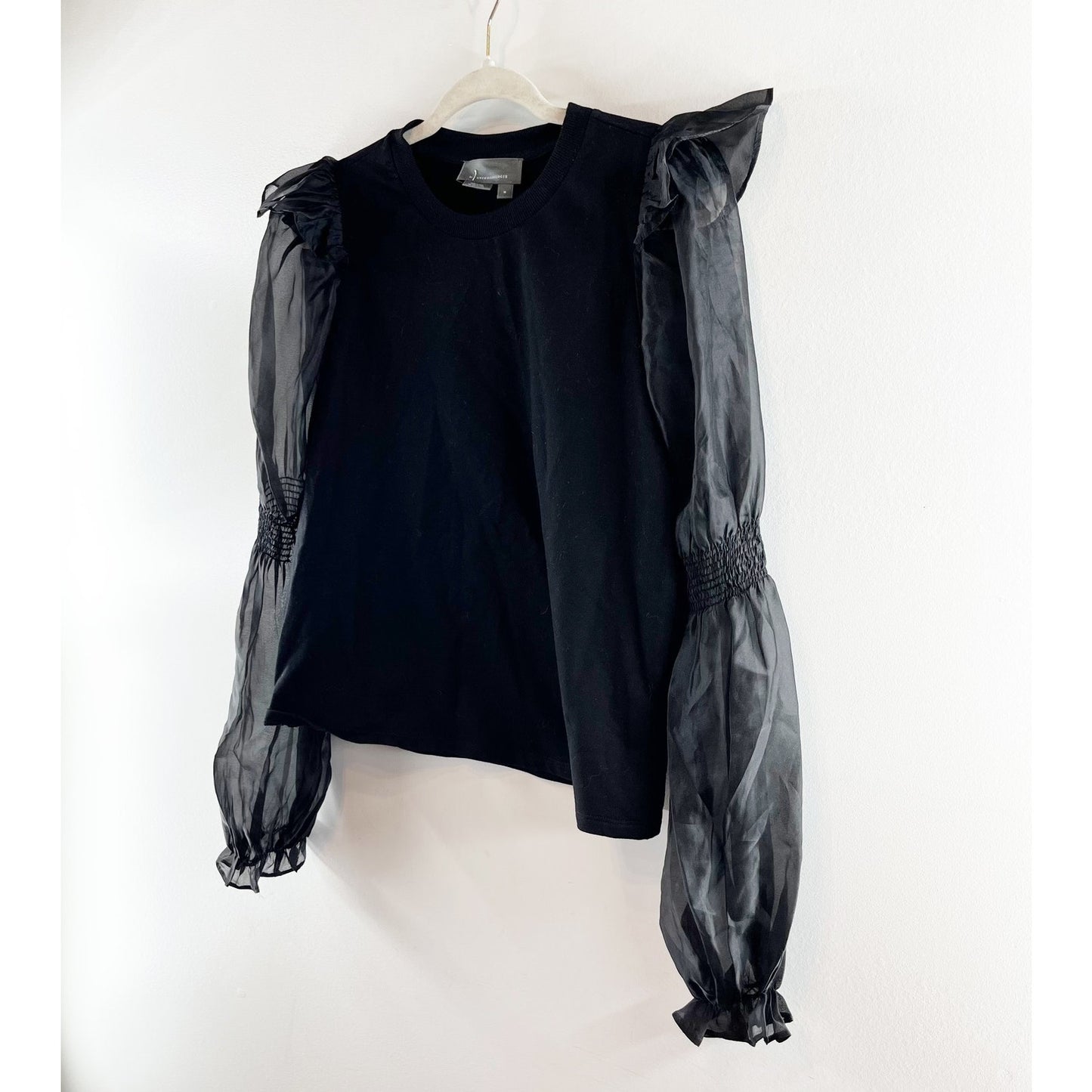 Anthropologie Crewneck Organza Puff Long Sleeve Blouse Top Black Medium