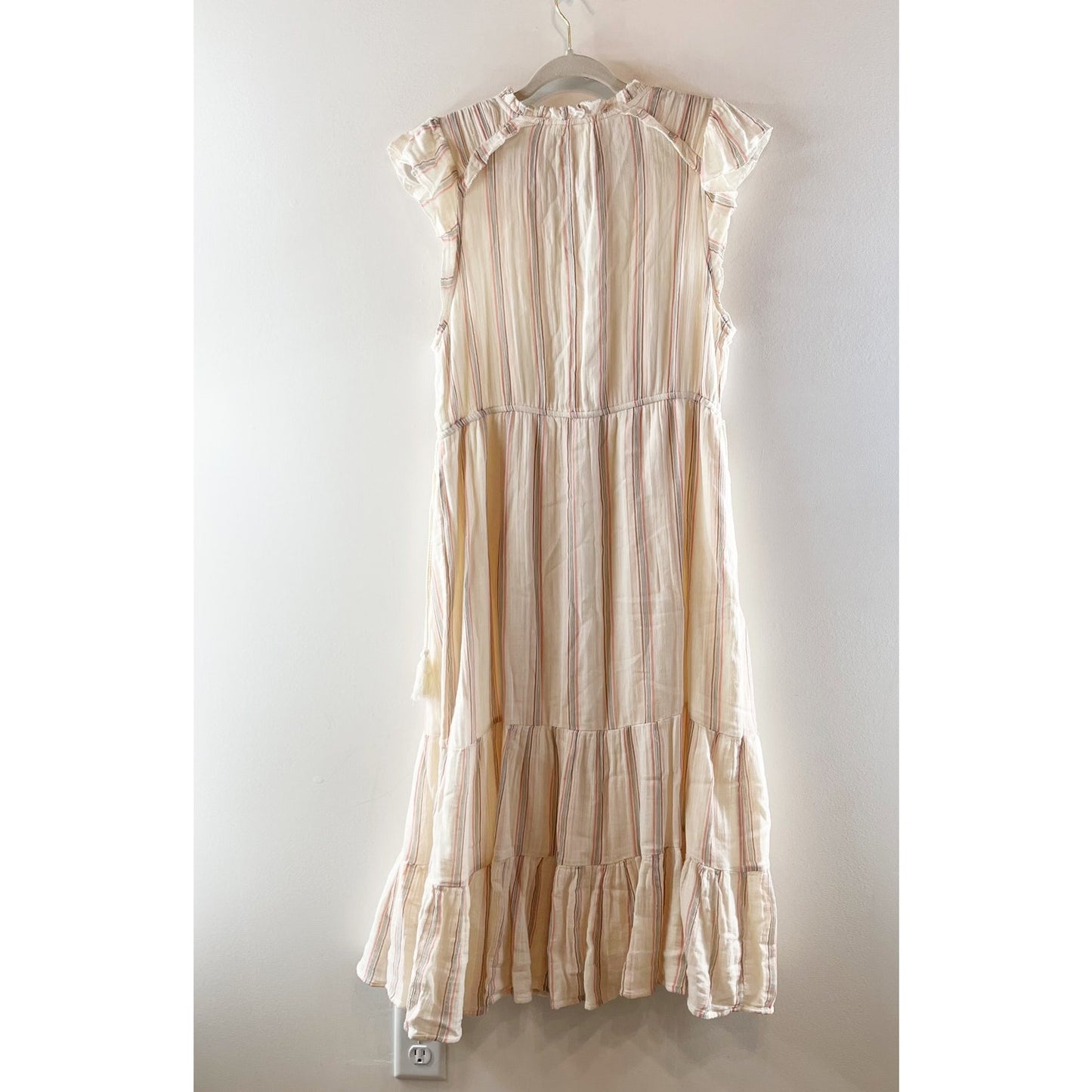 Ady P Striped Tiered Ruffle Shoulder Cotton Midi Dress Cream Tan Large