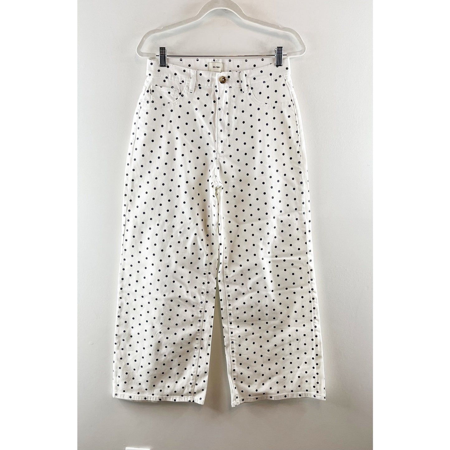 DL1961 Hepburn Polka Dot High Waisted Cropped Wide Leg Jeans Marine Dots 28