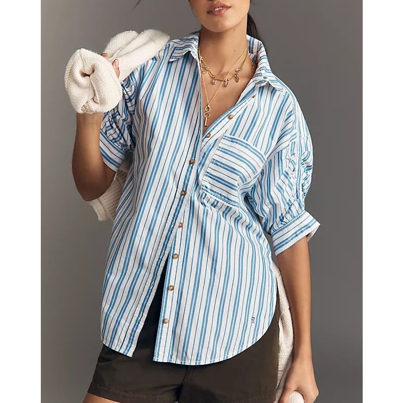 Pilcro by Anthropologie Striped Ruched Sleeve Buttondown Shirt Top White Blue XL