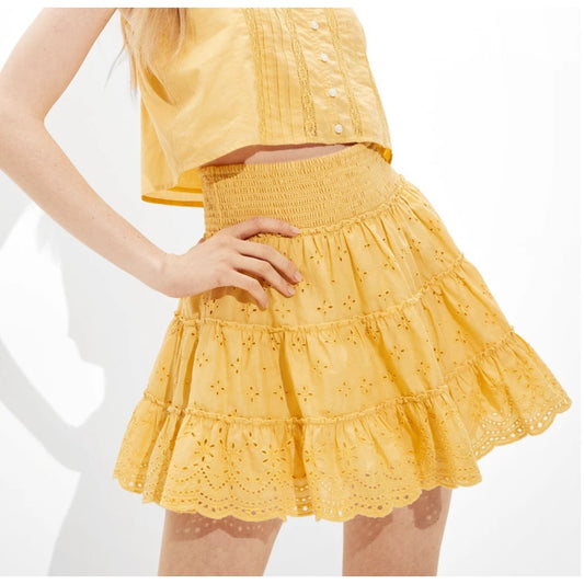 American Eagle Outfitters High Rise Solid Eyelet Tiered Mini Skirt Yellow Small