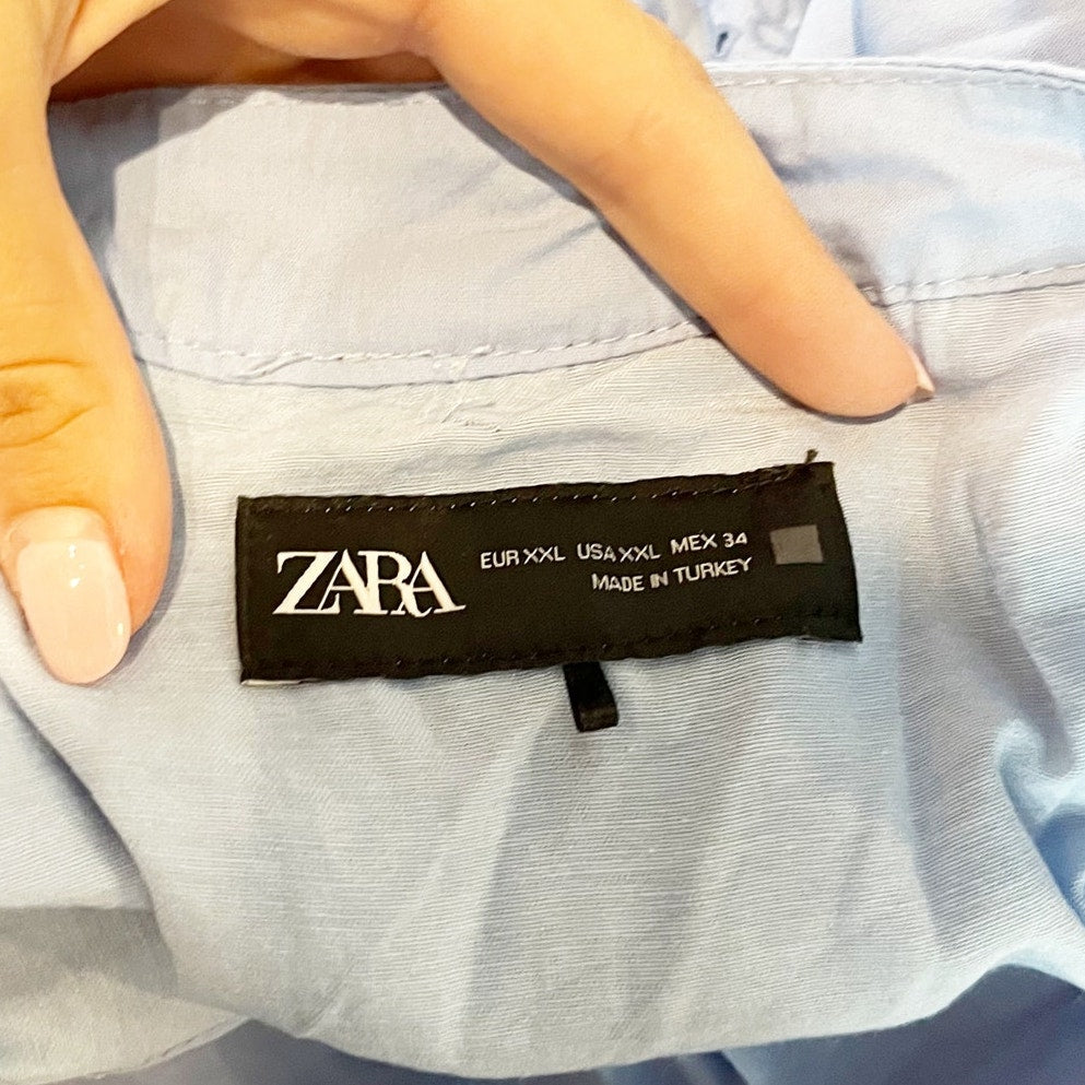 ZARA Long Sleeve Belted Poplin Embroidered Mini Dress Light Blue XXL