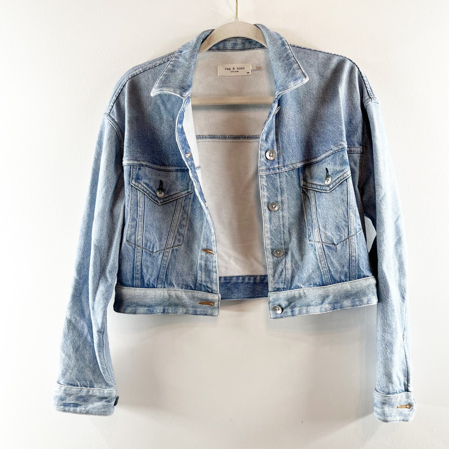 Rag & Bone Miramar Cotton Light Wash Denim Crop Trucker Jacket Blue Small