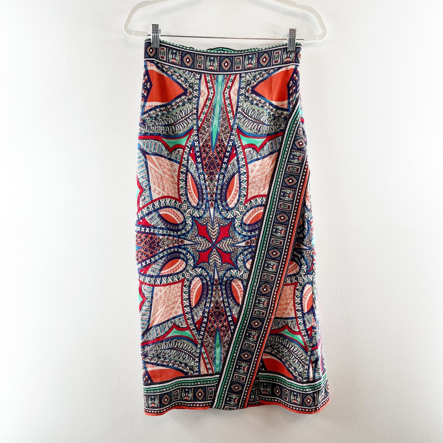Maeve Anthropologie Silk Printed Faux Wrap Satin Midi Skirt Blue Green 0