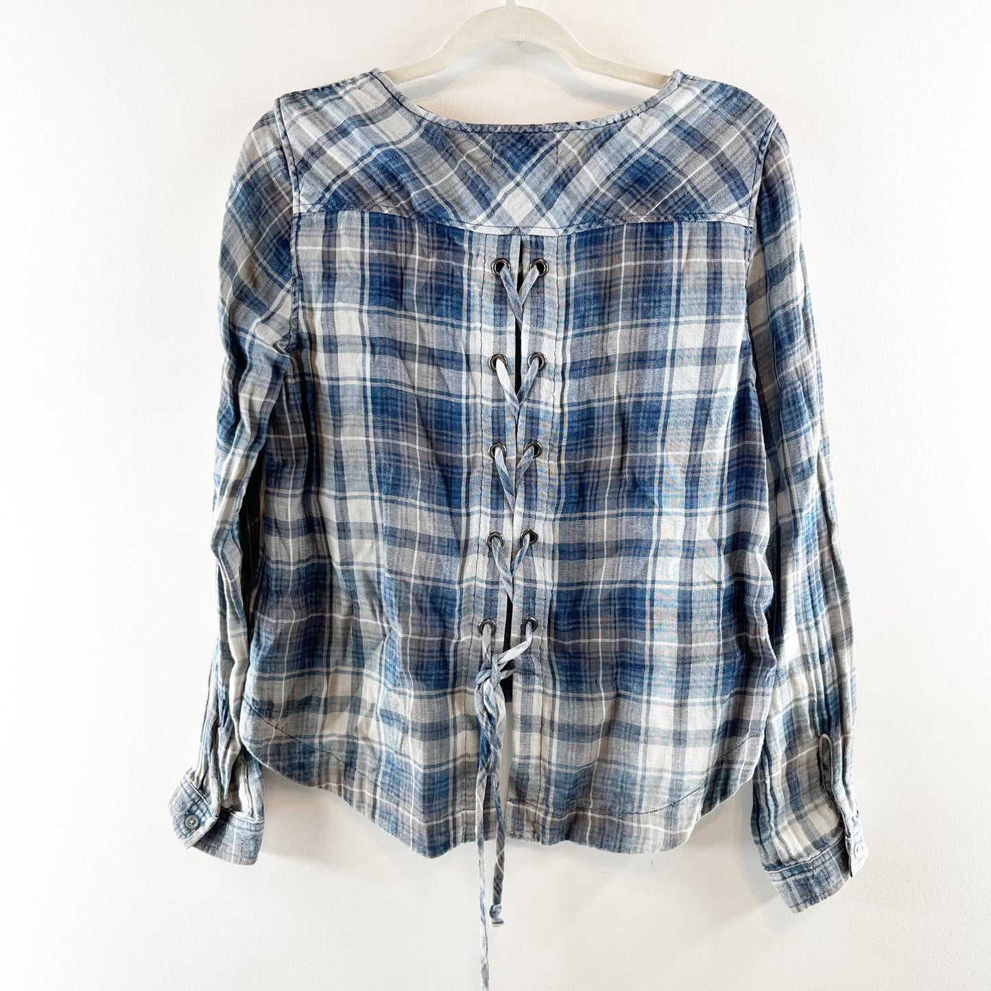 Cloth & Stone Plaid Long Sleeve Lace Up Back Flannel Shirt Blue Small