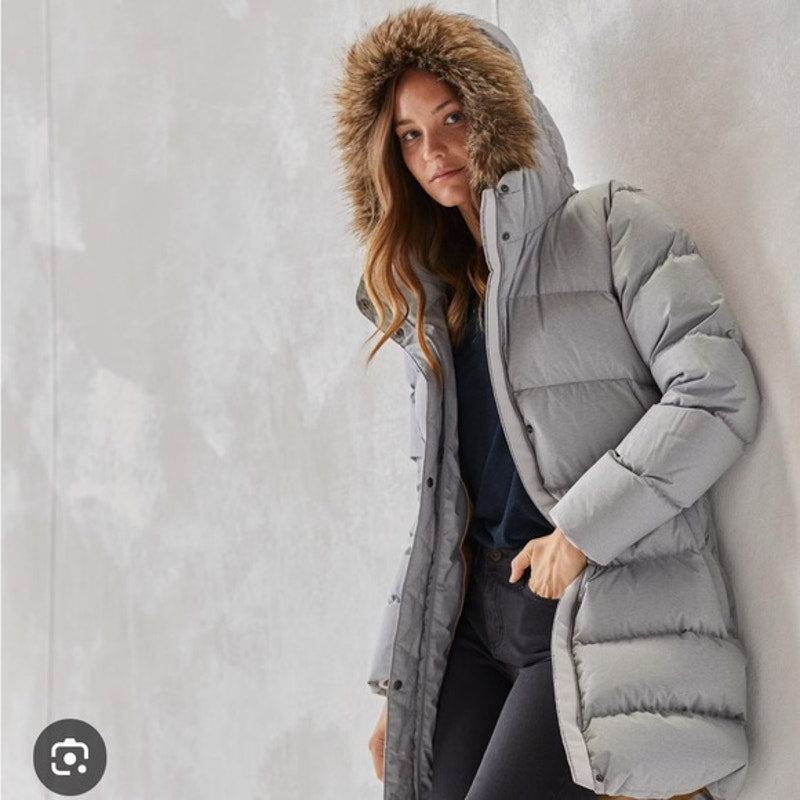 Prana Kromata Down Puffer Coat Jacket with Faux Fur Trim Hood Gray Silver Small