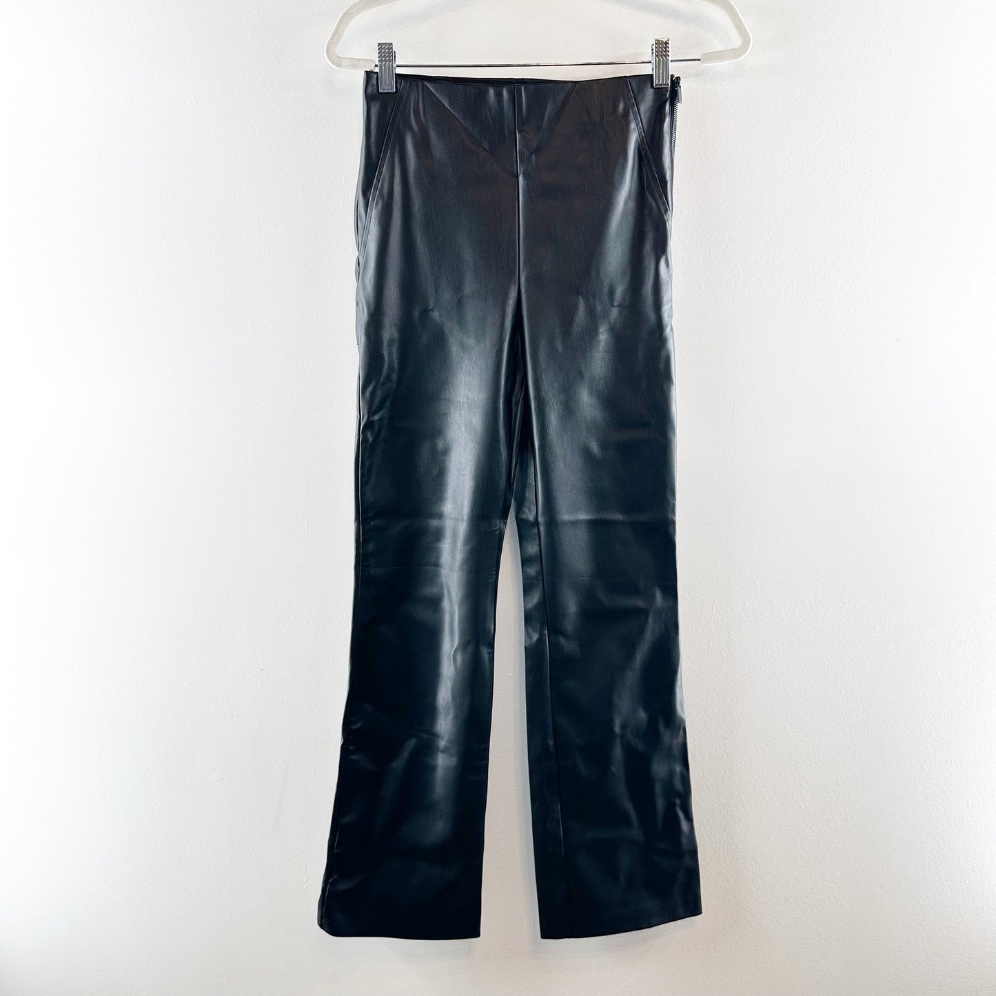 Zara Faux Leather High Waisted Flat Front Straight Leg Trouser Pants Black Small