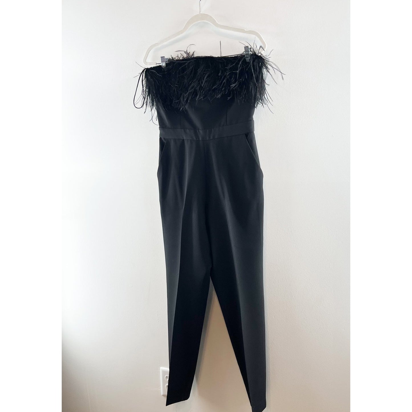 Saylor Janae Straight-Leg Strapless Jumpsuit with Feather Trim Black Medium