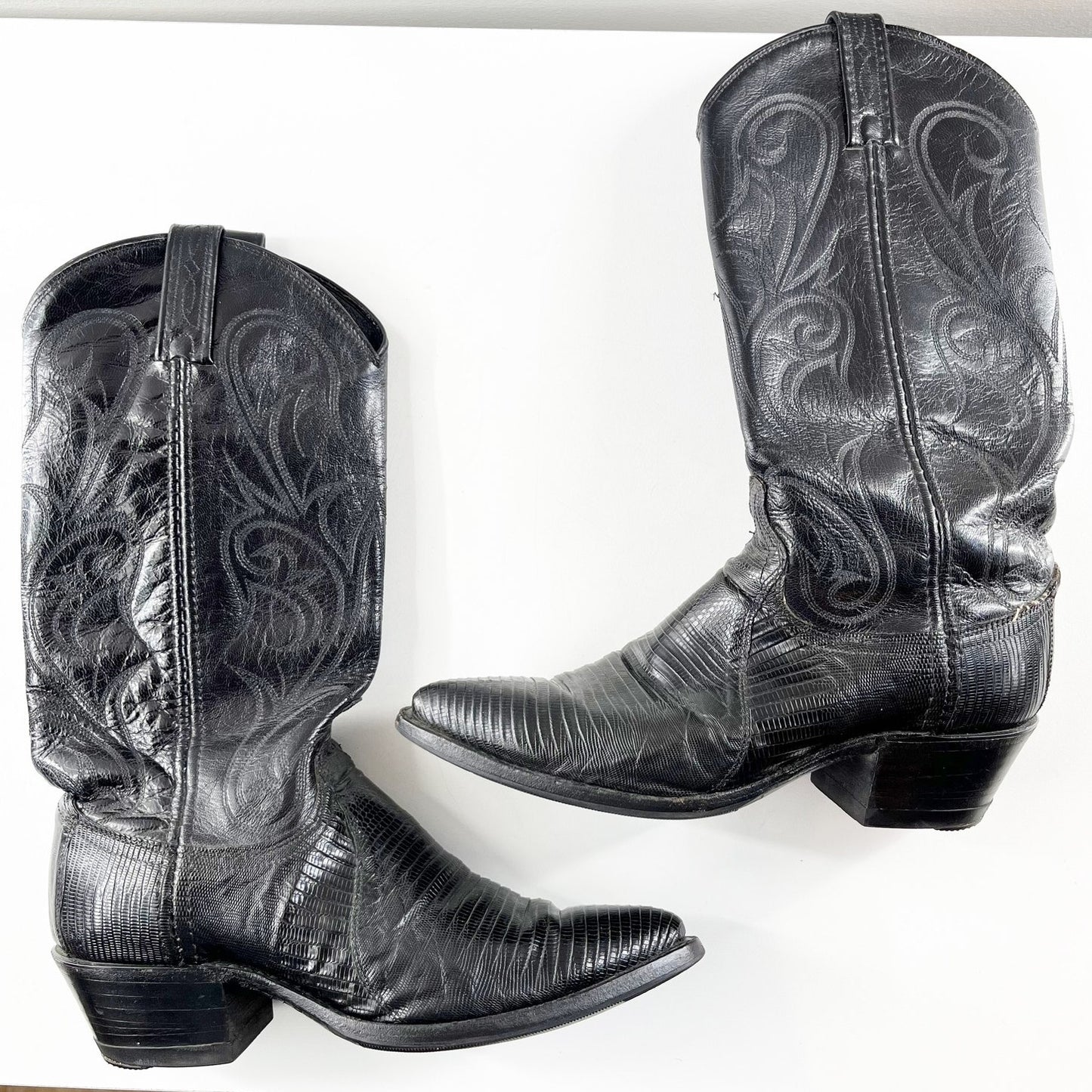 Dan Post Leather Exotic Lizard Skin Mid Calf Western Cowboy Boots Blacs 6.5