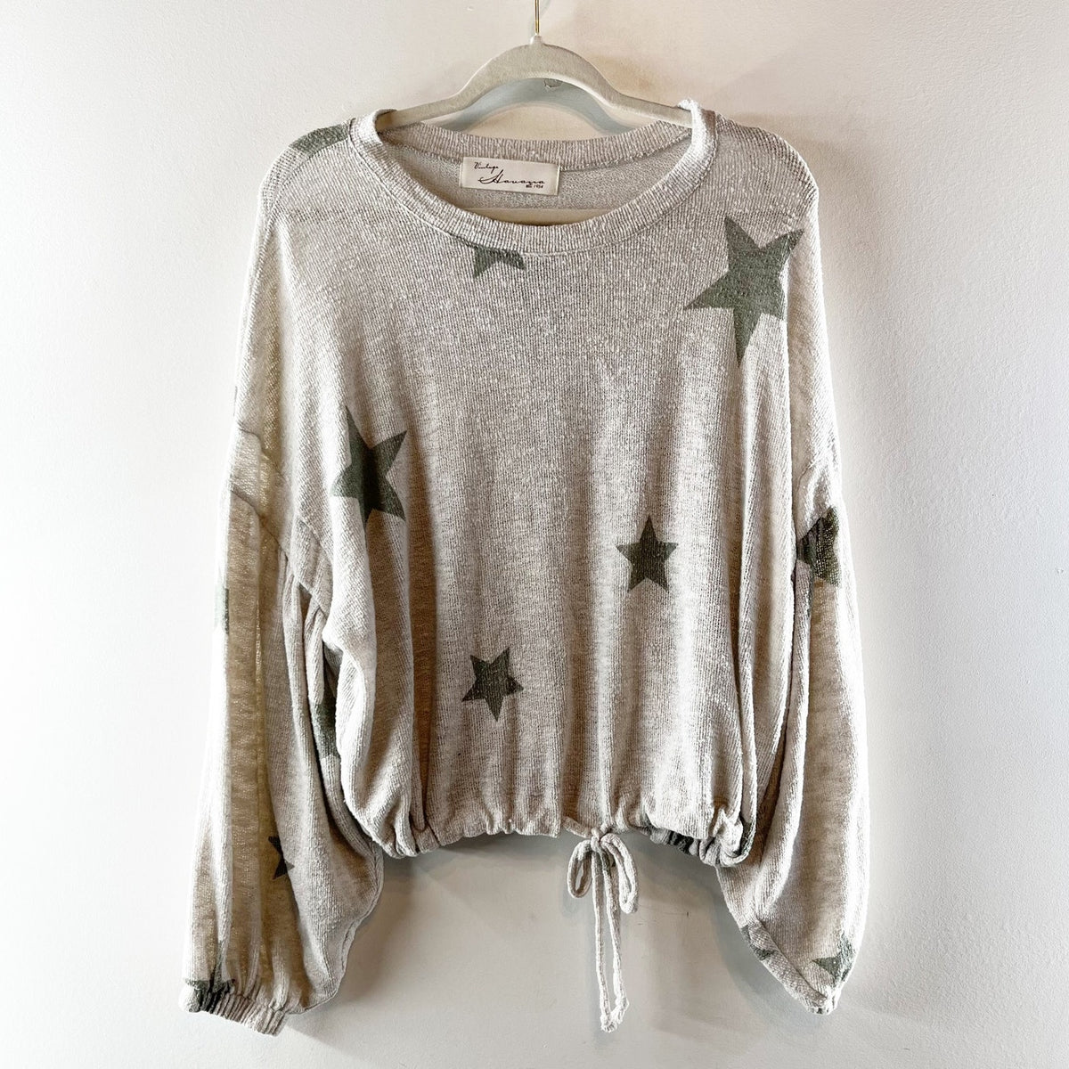 Vintage Havana Long Sleeve Tie Hem Star Print Sweater Top Gray Medium