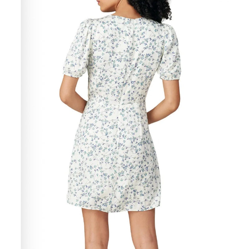 Greylin Gabi Puff Sleeve Floral V Neck Mini Dress White Blue Green Small