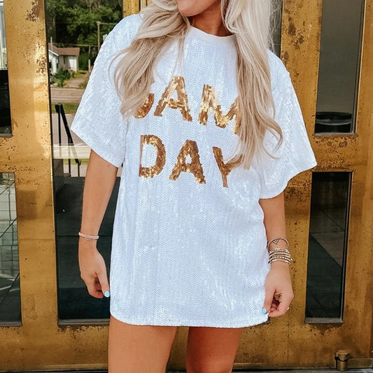 Main Strip Game Day Sequin Short Sleeve Crew Neck Tunic T-Shirt White Large