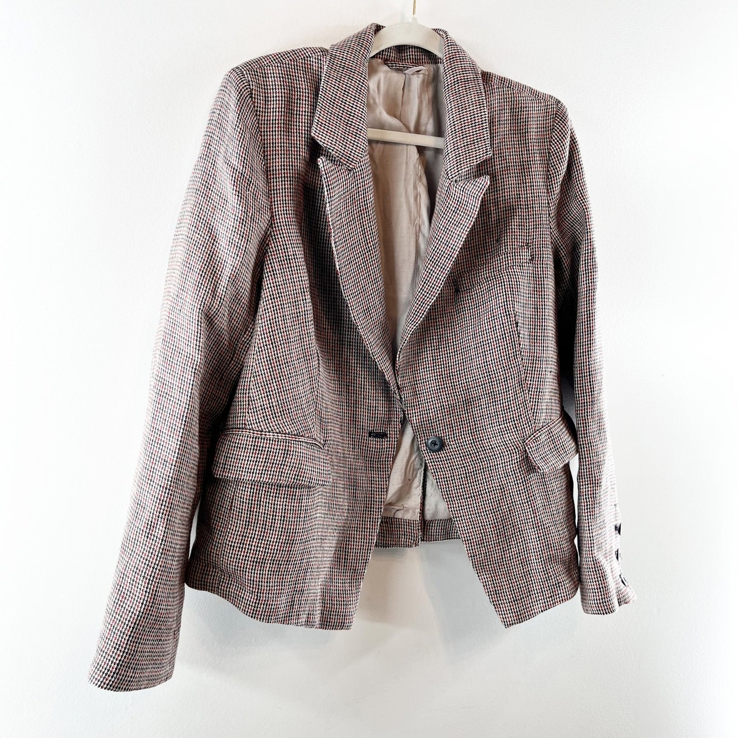 Free People Houndstooth Single Breasted Chess Linen Blazer Garnet Combo M