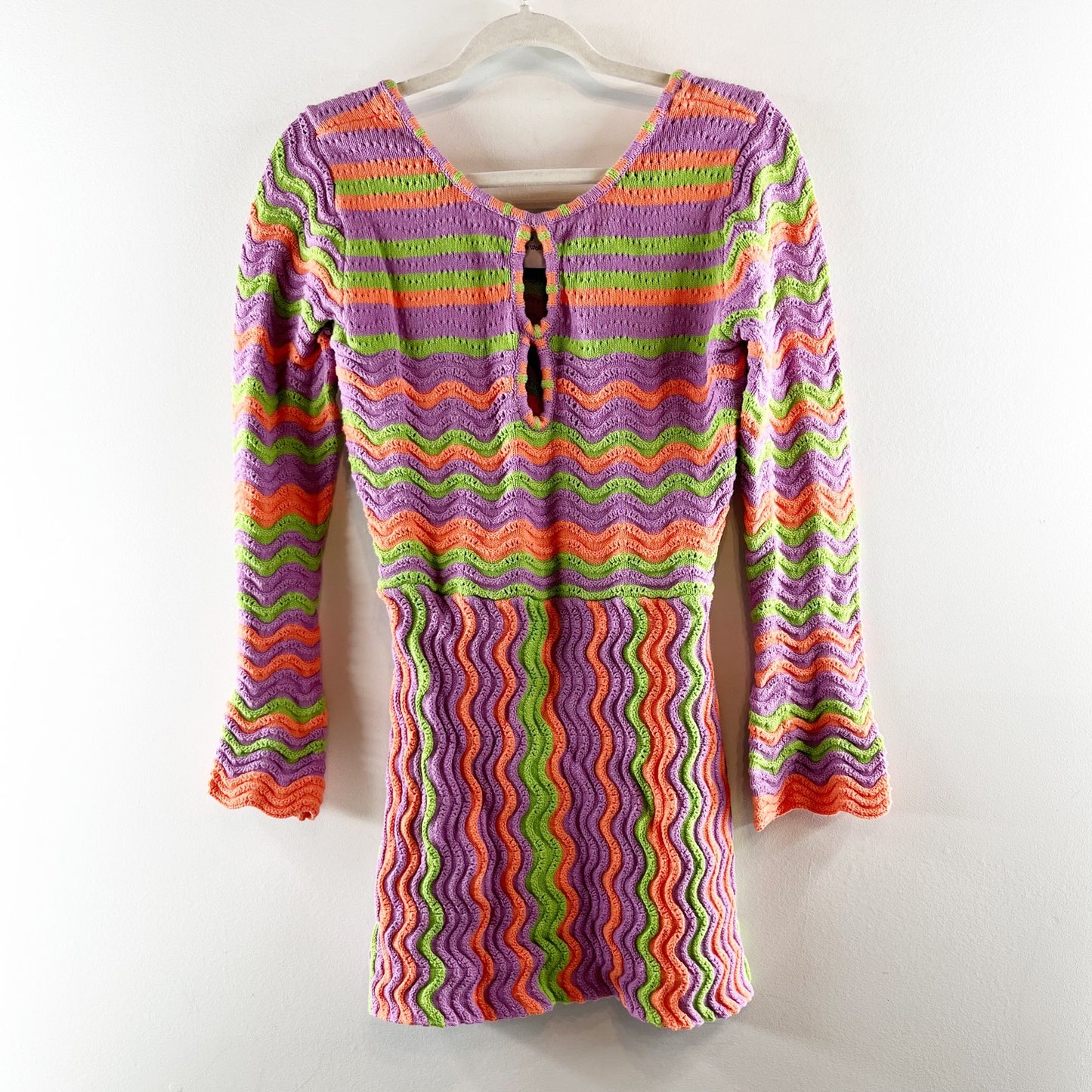 The Wolf Gang Lucid Striped Long Sleeve Mini Knit Dress Pink Green Small