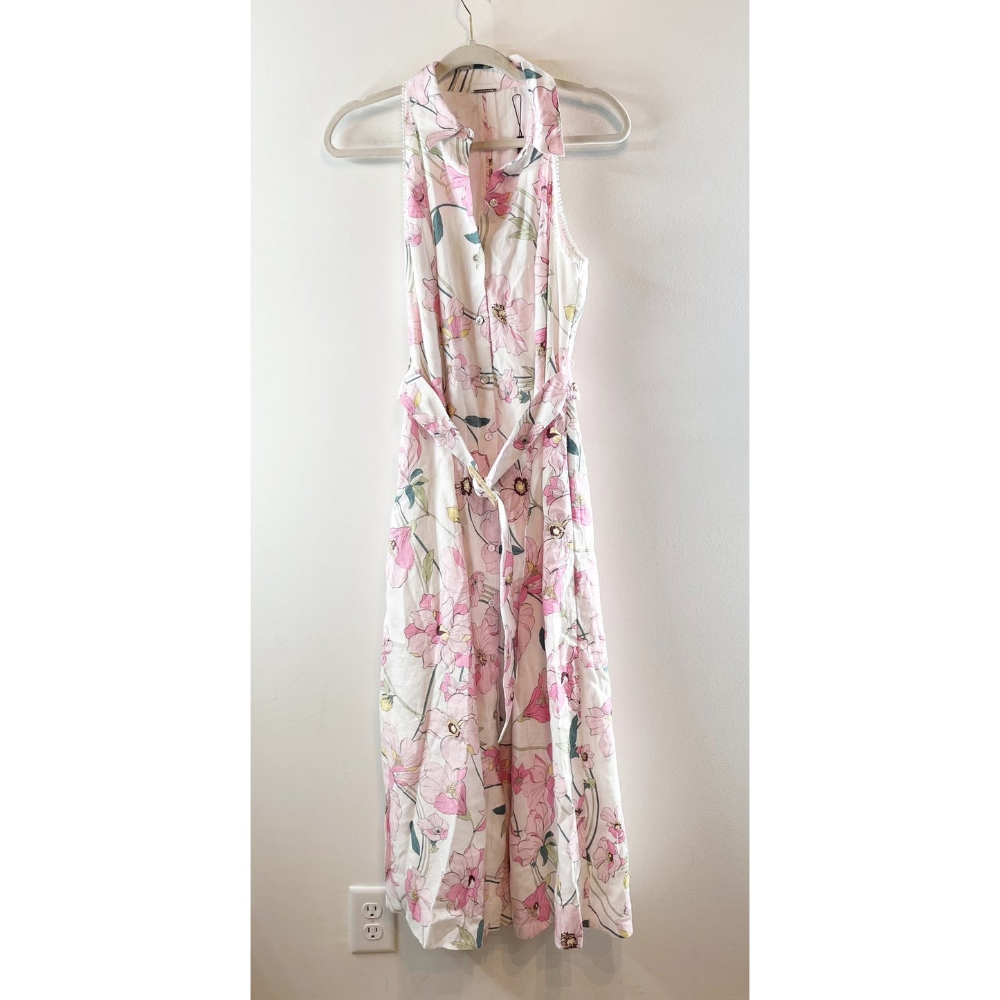 Ellie Tahari Sleeveless Button Up Maxi Shirt Dress with Belt Floral White Pink 8