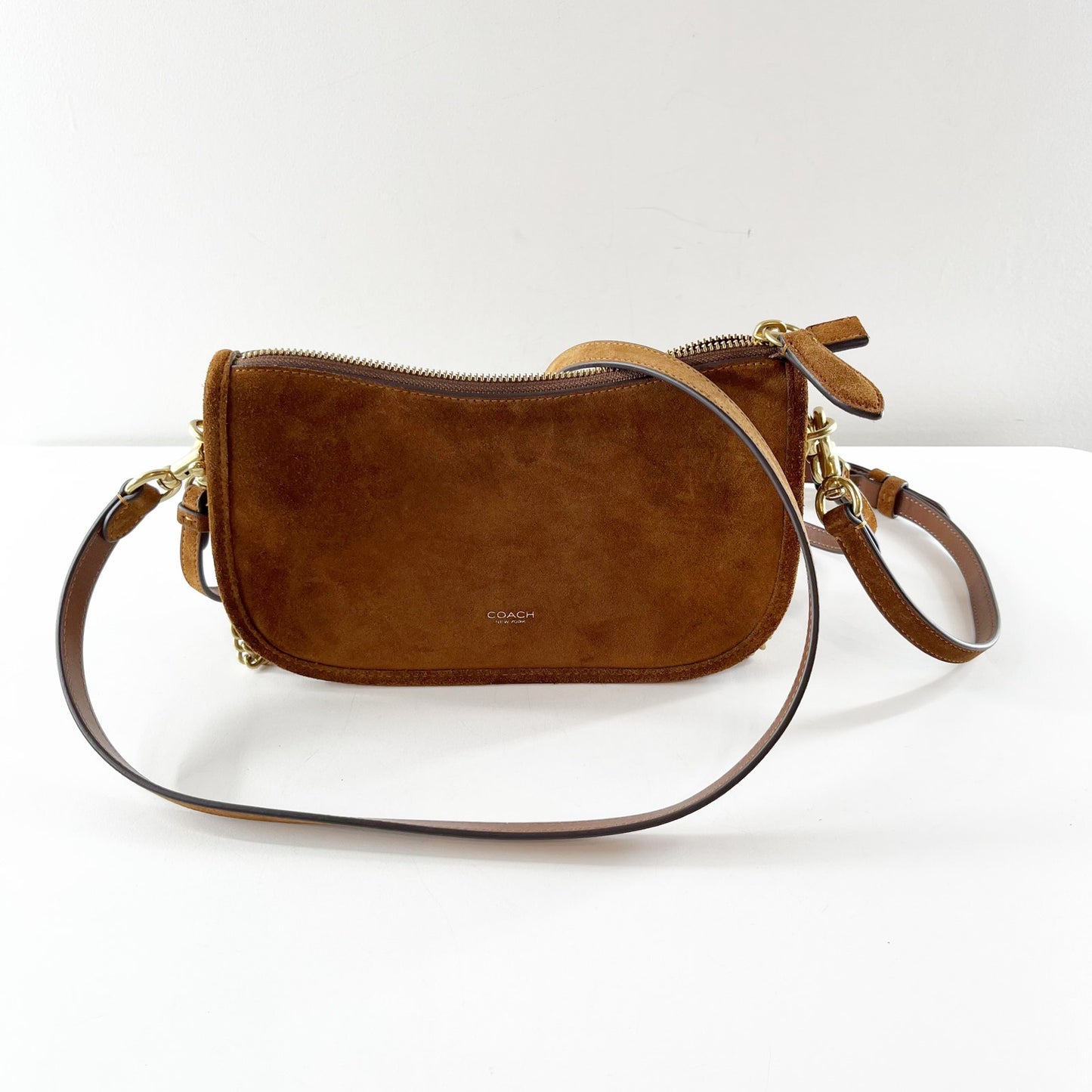 Coach Suede Waverly Shoulder Handbag Purse with Chain Strap Warm Brown