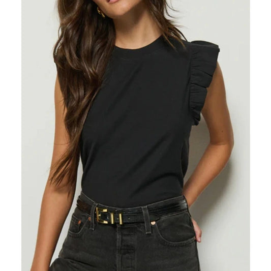 Nation LTD Paulette Ruffle Shoulder Tank Top Black XS