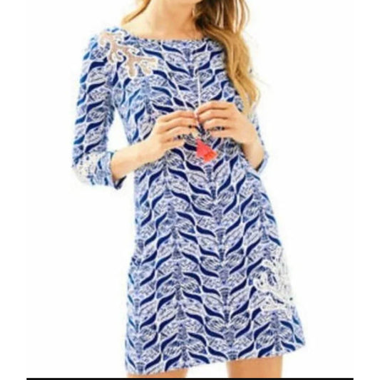 Lilly Pulitzer Marlowe 3/4 Sleeve Coral Print Tee Shirt Mini Dress Navy Blue XL