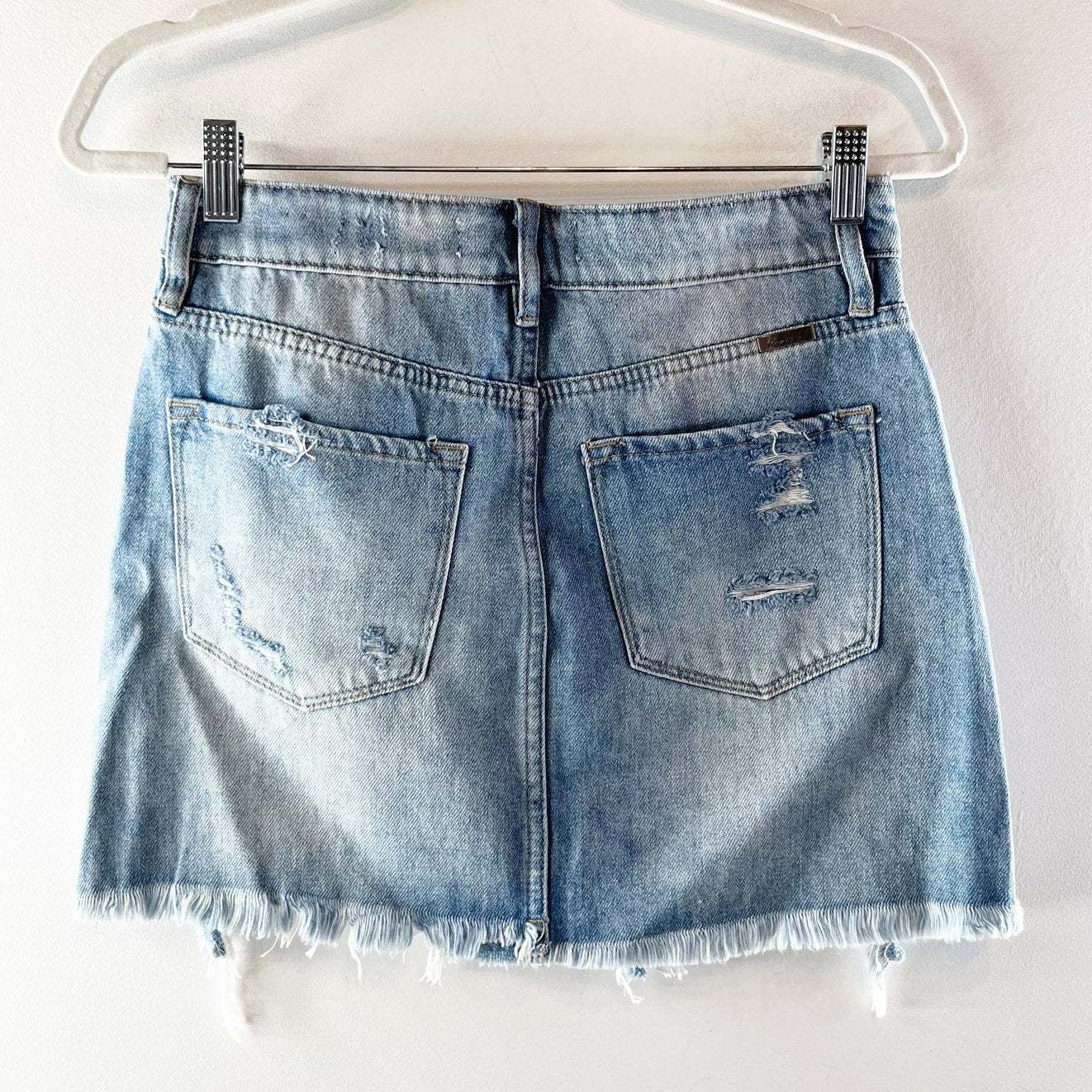 KanCan High Waisted Frayed Hem Distressed Denim A-Line Mini Skirt Blue Large