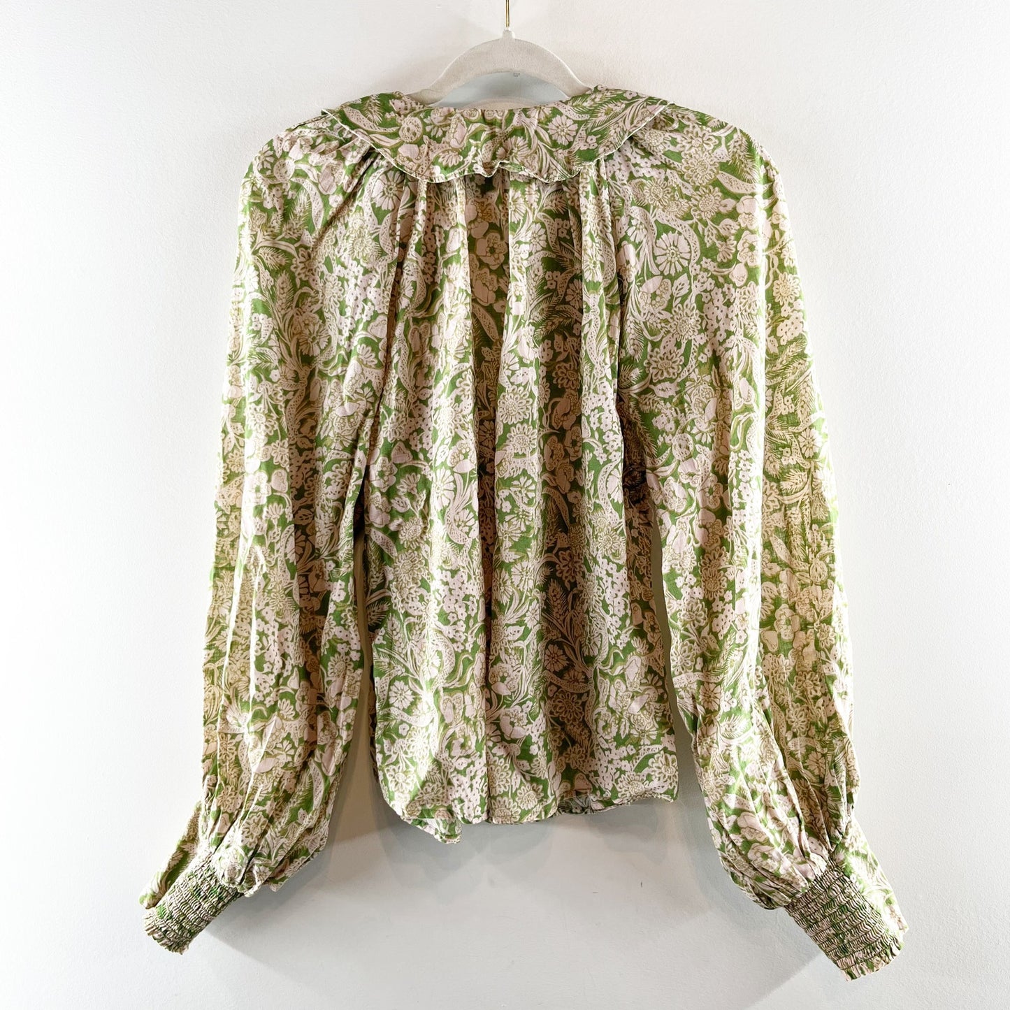 Anthropologie Floral Ruffled V-Neck Peasant Blouse Green Floral Print Small