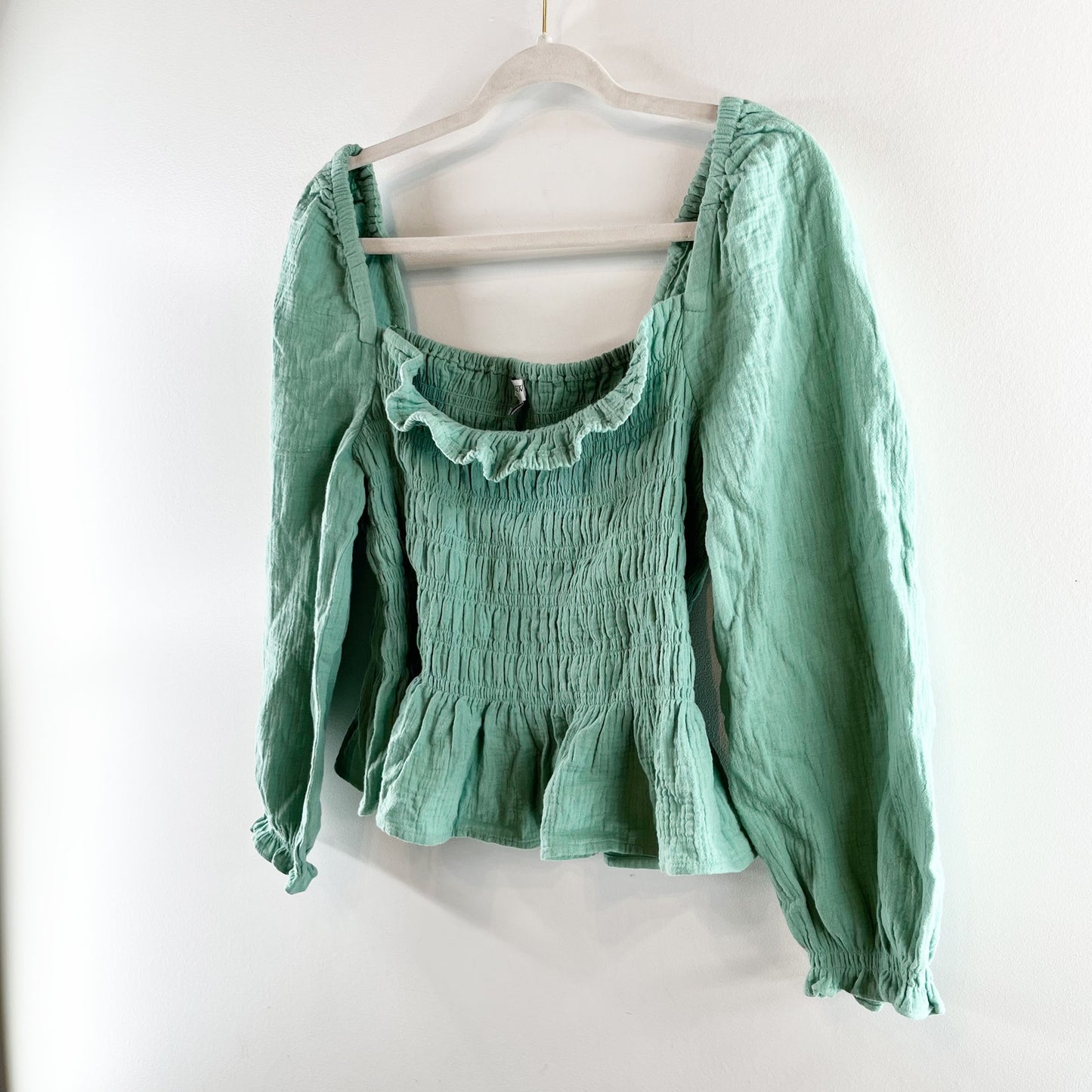 J. Crew Long Sleeve Gauze Cotton Smocked Square Neck Top Green Large