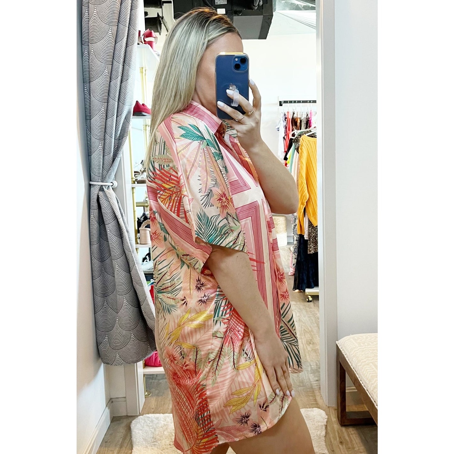 Free People Short Sleeve Button Up Tropical Tunic Blouse Pink One Size