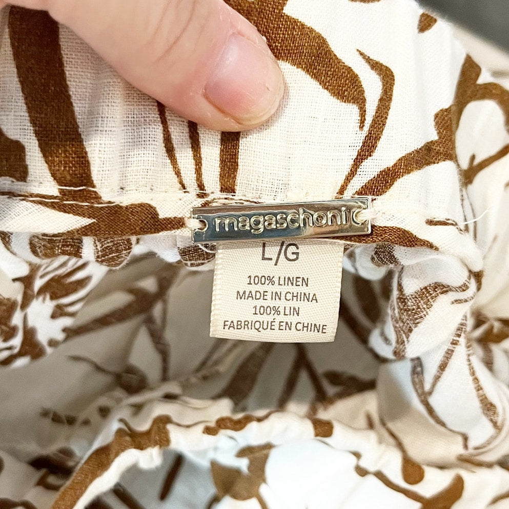 Magaschoni Linen Floral Pull On High Waisted Cropped Wide Leg Pants Brown Large