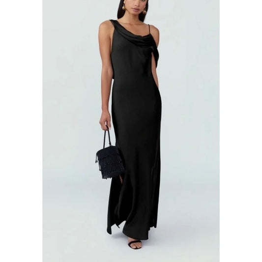 Fame and Partners Francois Draped Satin Maxi Slip Dress Gown Black 4