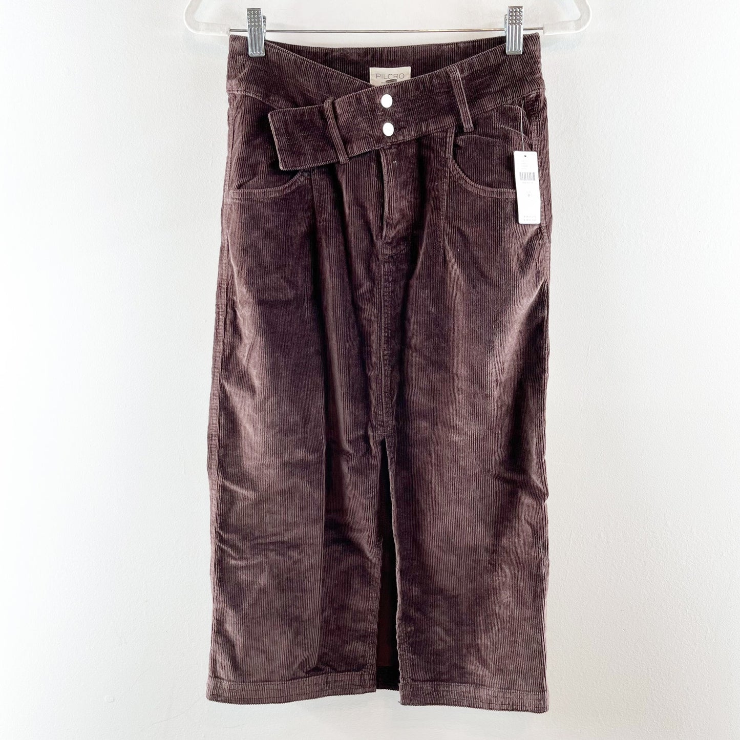 Pilcro Corduroy Midi Front Slit High Waisted Pencil Skirt Chocolate Brown 0