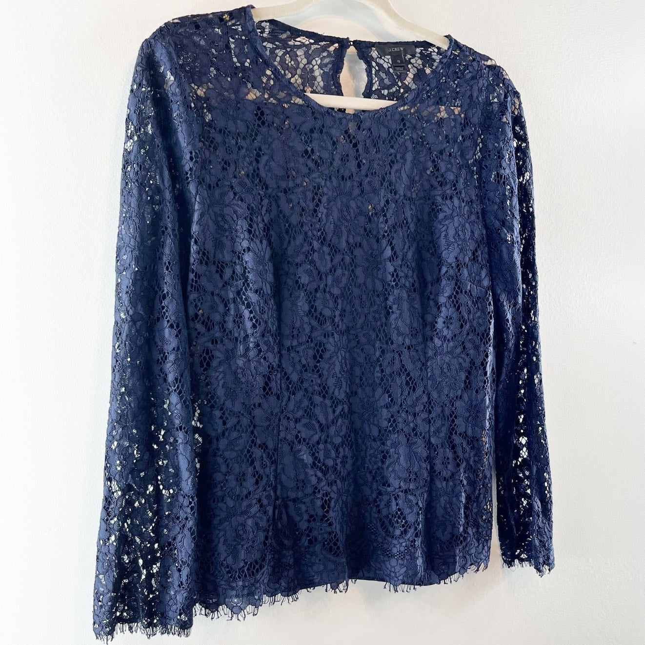 J. Crew Inner Removable Sheer Tank Long Sleeve Frayed Floral Lace Blouse Blue 10