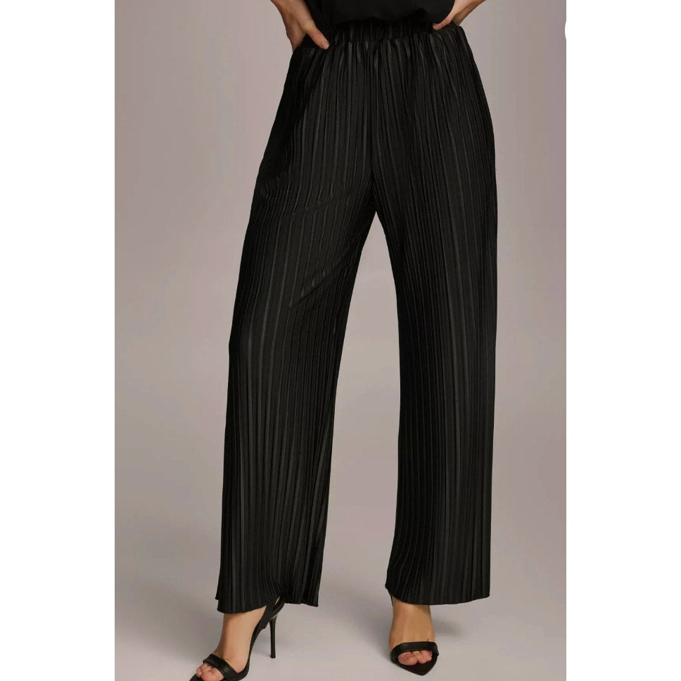 Donna Karan New York High Rise Straight Leg Plisse Pleated Pants Black Large