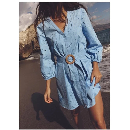 ZARA Long Sleeve Mini Eyelet Belted Shirt Dress Blue Small