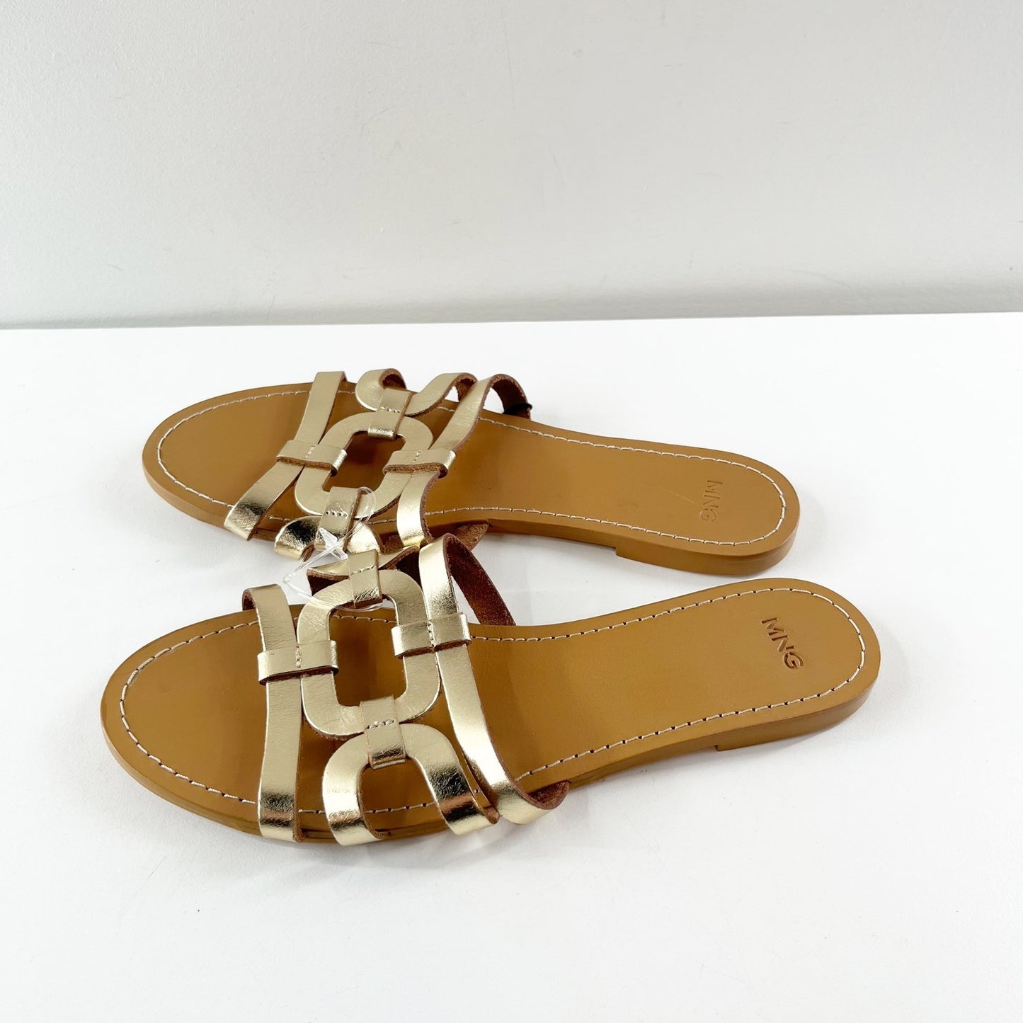 MANGO Leather Straps Slip On Flat Slide Sandals Metallic Gold 39 / 8.5