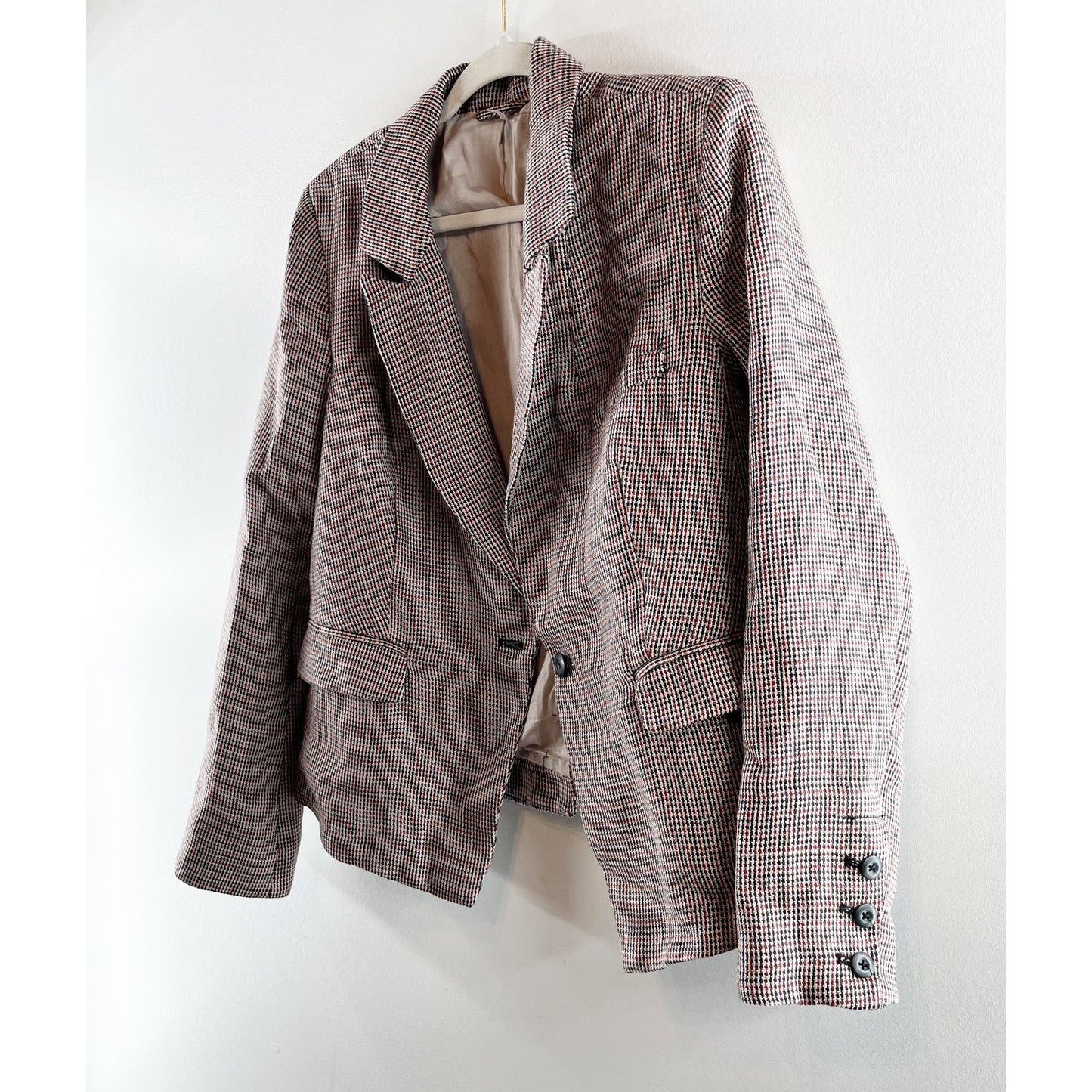 Free People Houndstooth Single Breasted Chess Linen Blazer Garnet Combo M