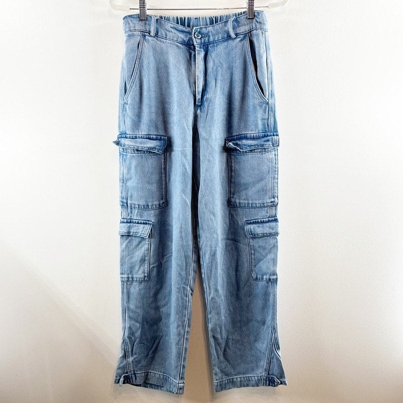 YFB Young Fabulous Broke High Rise Wide Leg Denim Cargo Jeans Blue Small