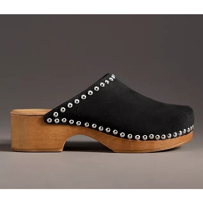 Anthropologie Studded Trim Wood Bottom Clogs Black 40 / US 9.5 / 10
