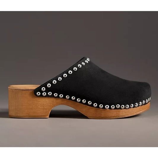 Anthropologie Studded Trim Wood Bottom Clogs Black 40 / US 9.5 / 10