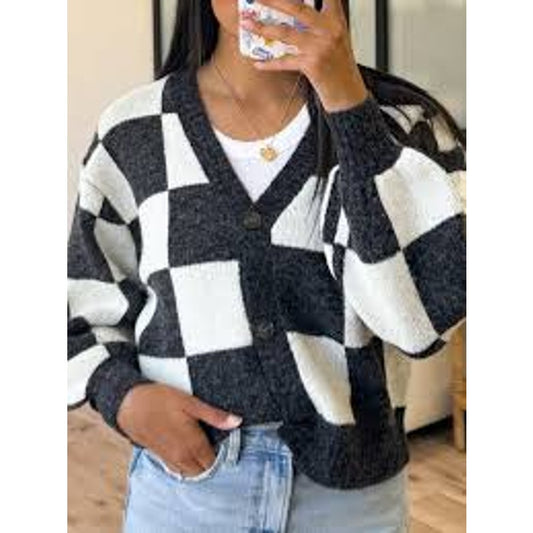 Industry Cropped Button Up Checkered V Neck Cardigan Sweater Black Gray Small