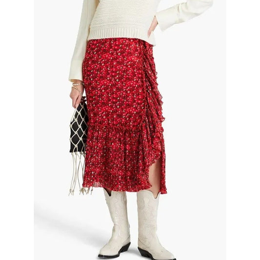 Ganni Pleated Floral-Print Crepe Side Slit Ruffle Trim Midi Skirt Red 34