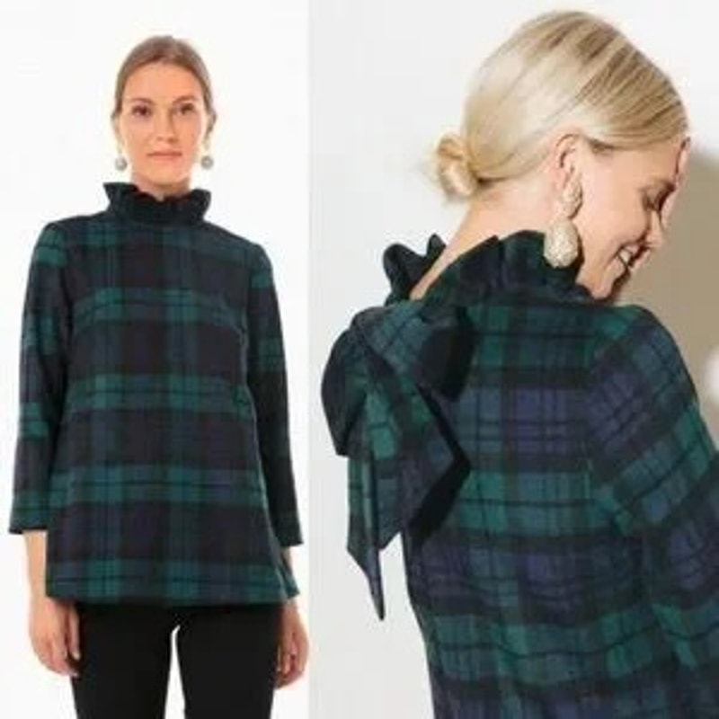 Tuckernuck Blackwatch Faye Plaid Wool Blend 3/4 Sleeve Blouse Green XS