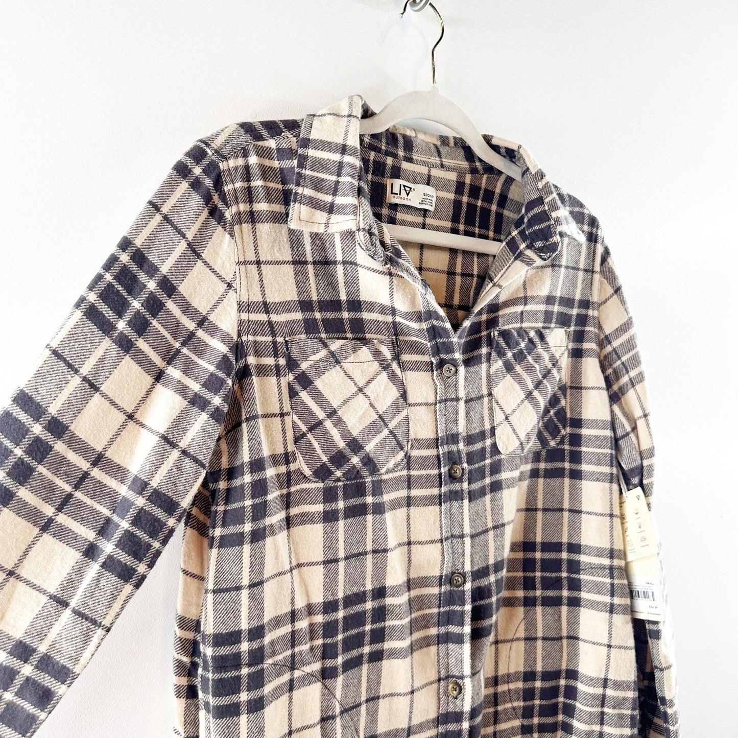 LIV Outdoor Harvest Mid-Weight Flannel Tunic Top Macadamia Plaid Small