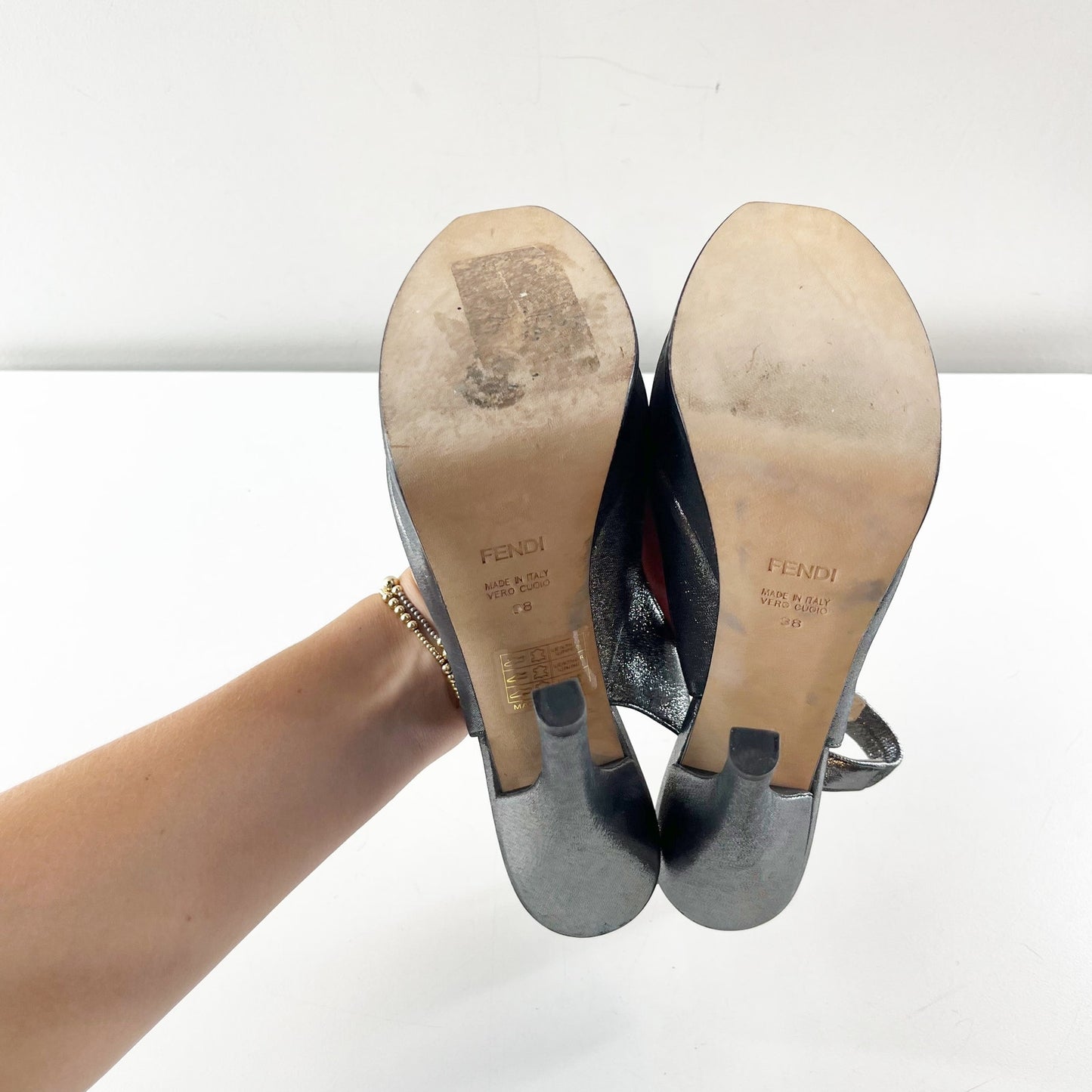 Fendi Metallic Glitter Fendista Peep Toe Stilettos Slingback Pumps Silver 38