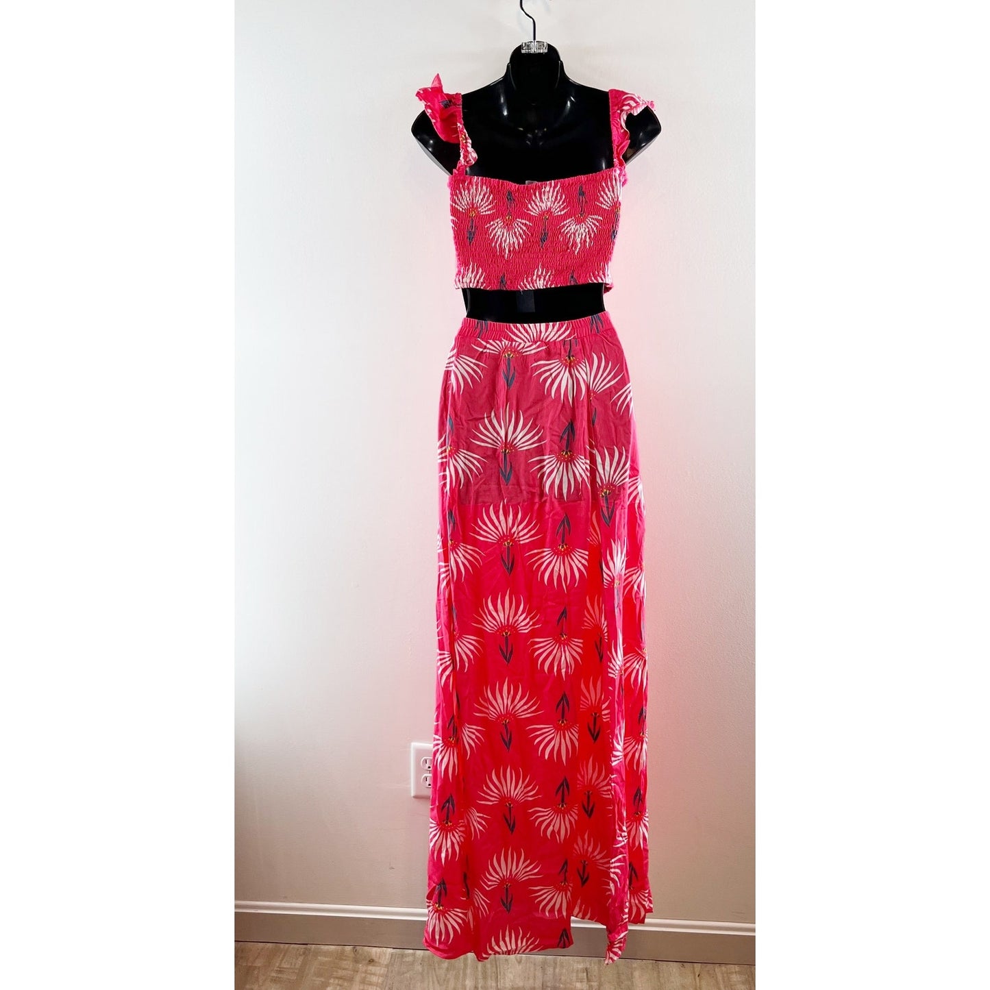 Lulus Trancoso Floral Print Two Piece Matching Set Maxi Dress Coral Pink Medium