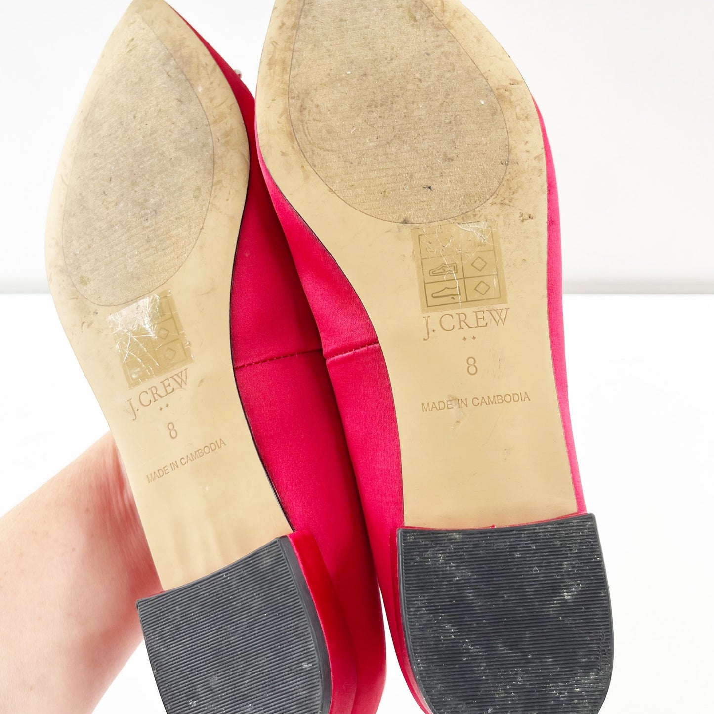 J. Crew Crystal Embellished Pointed Toe Satin Flats Shoes Ruby Red 8