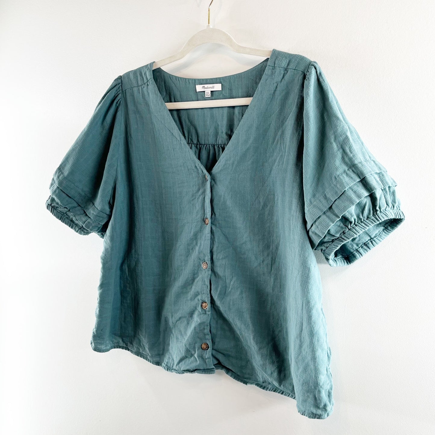 Madewell Cotton Button Up Pembroke Short Sleeve Top Blouse Green XXL