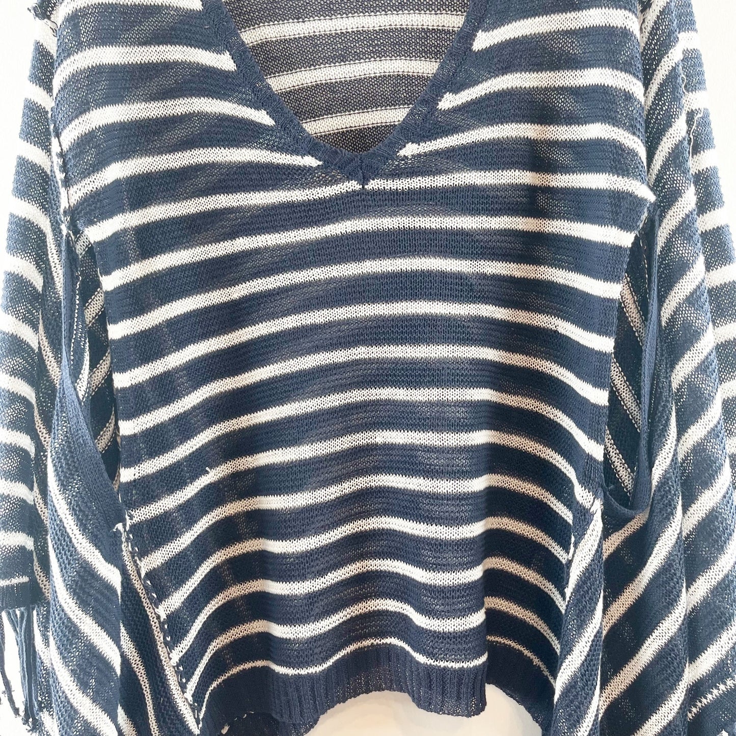 525 America Linen Striped Fringe Trim Poncho Sweater Navy Blue White XS / S