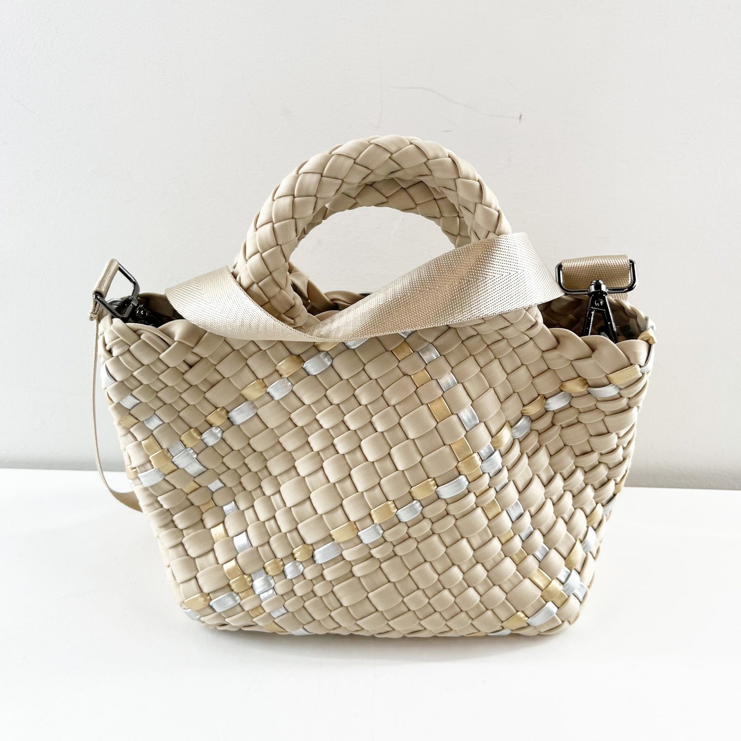 Parker & Hyde Mini Woven Tote Bag Purse with Crossbody Strap Beige Gold Metallic