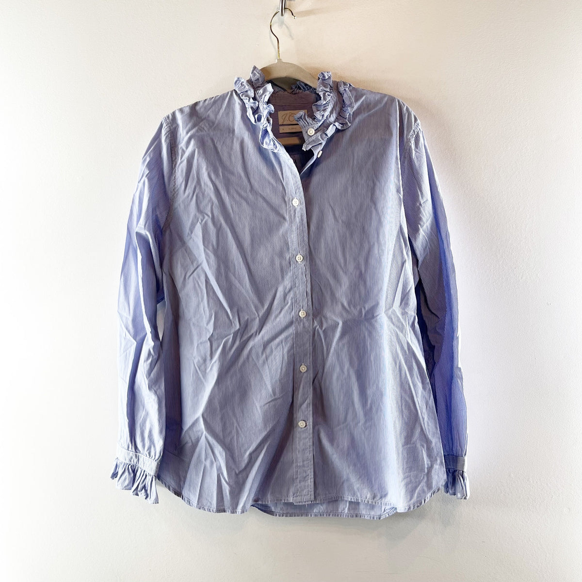 J. Crew Striped Long Sleeve Classic-Fit Ruffleneck Button-Up Shirt Blue White 18