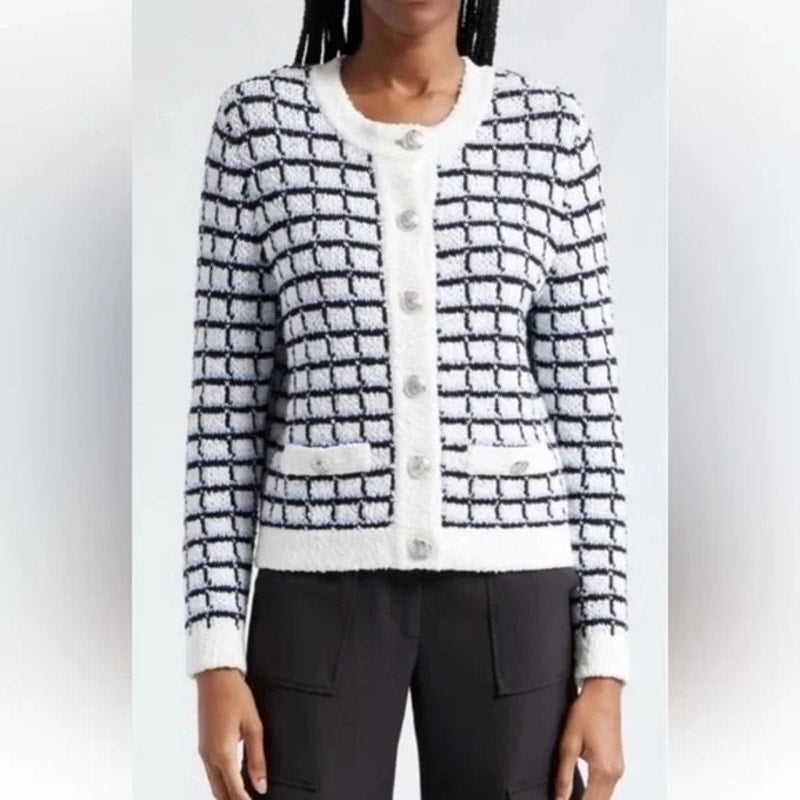 Veronica Beard Lavigne Tweed Knit Sweater Jacket Blue White Small