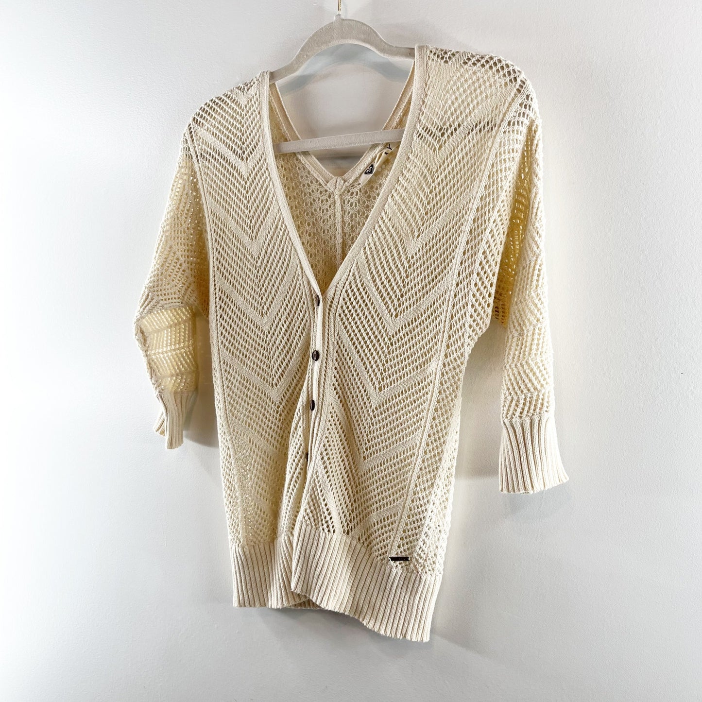 Roxy Turnstone Cotton Crochet Cardigan Sweater Cream Ivory Small